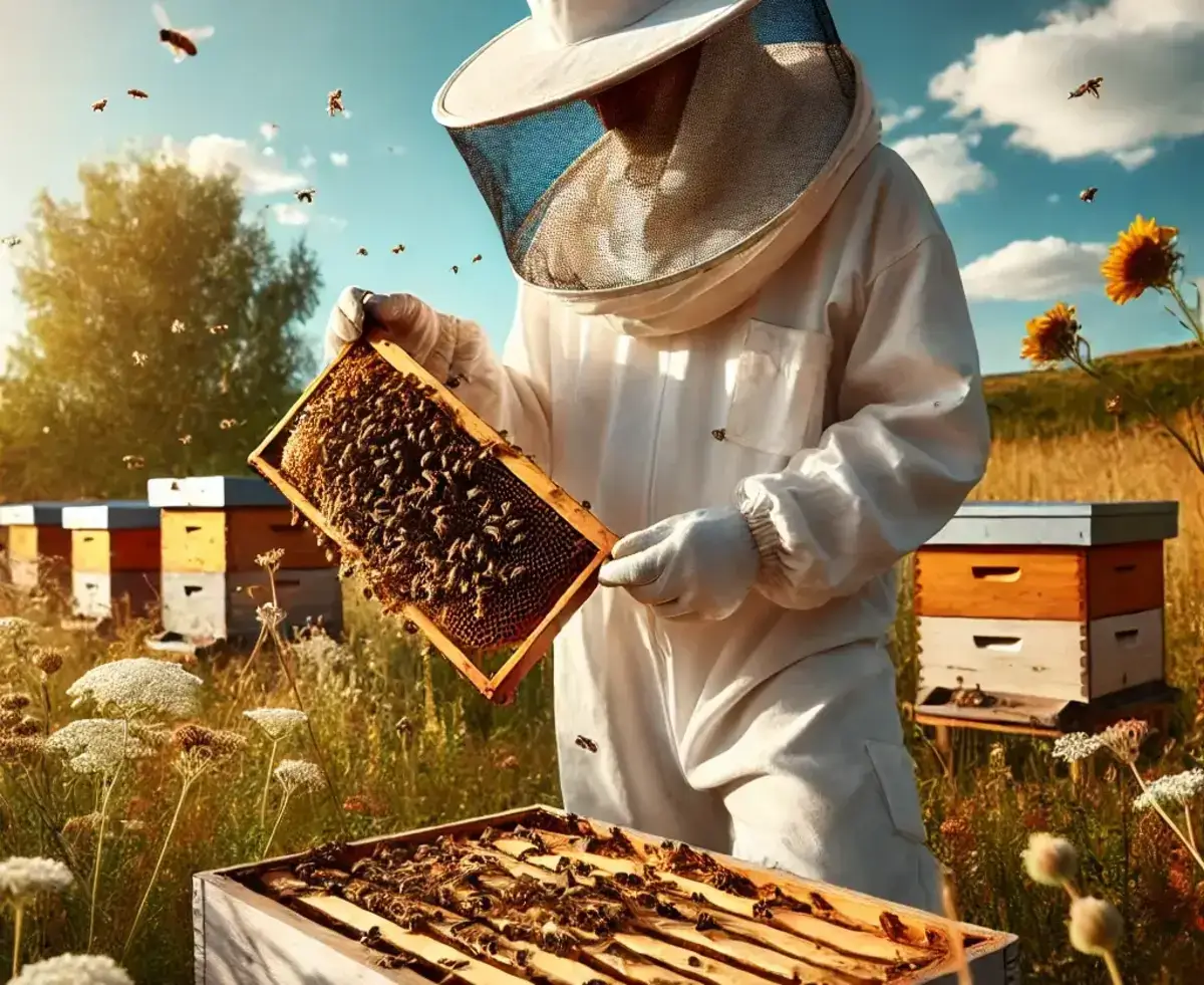 a beekeeper in a protective white suit and hat with a netted face cover, standing beside a wooden beehive in a sunny field surrounded by wildflowers