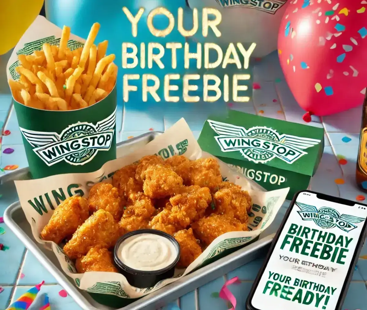 a bright and festive scene showing a Wingstop birthday freebie celebration. The image features a Wingstop meal with crispy golden chicken wings