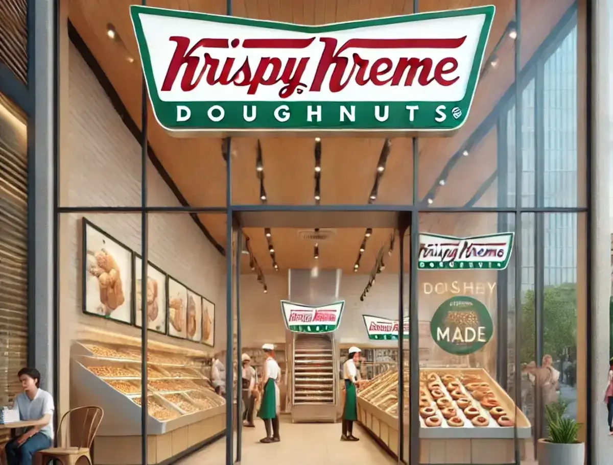 a bright, welcoming Krispy Kreme store front, with large glass windows showcasing freshly made doughnuts on display