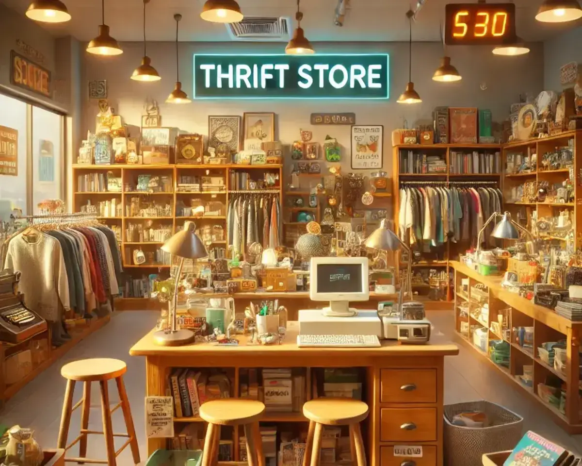 a brightly lit thrift store interior with shelves and racks filled with various second-hand items. The store has a cozy with welcoming atmosphere