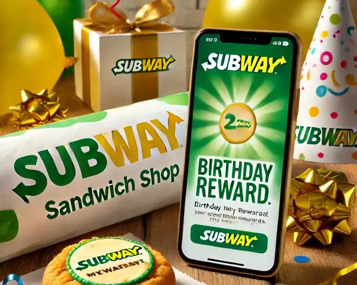 a celebratory image showing a Subway sandwich shop theme, with a birthday gift box, a party hat, and a Subway cookie