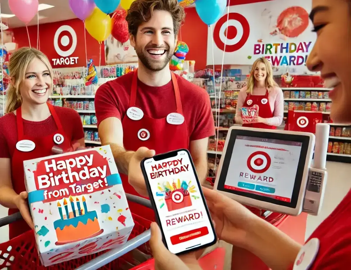 a cheerful birthday scene inside a Target store, where a customer is receiving a special birthday reward at checkout