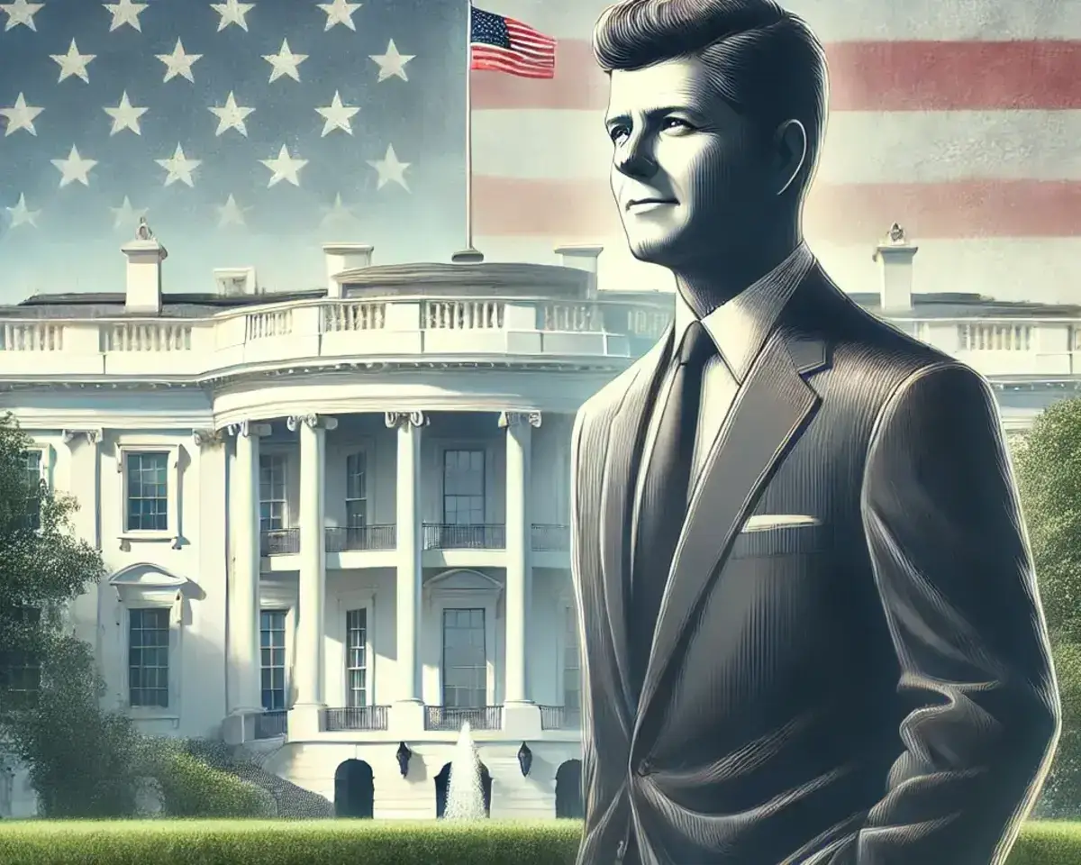 a clear and easily recognizable image of a U.S. president, standing confidently in front of the White House