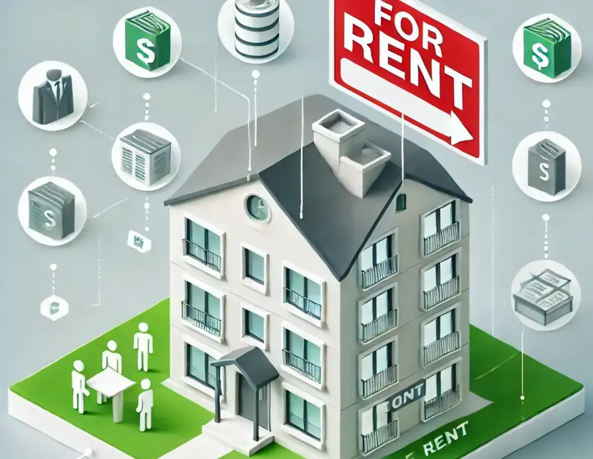 a clear and easy-to-understand illustration of a rental property concept. The image shows a house or apartment building with a 'For Rent' sign