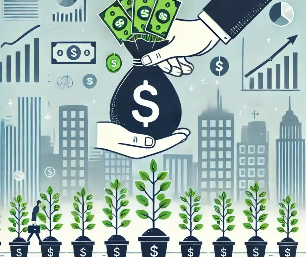 a clear and easy-to-understand illustration representing venture capital. The image should show a large hand holding a bundle of money and placing it in the jug of money