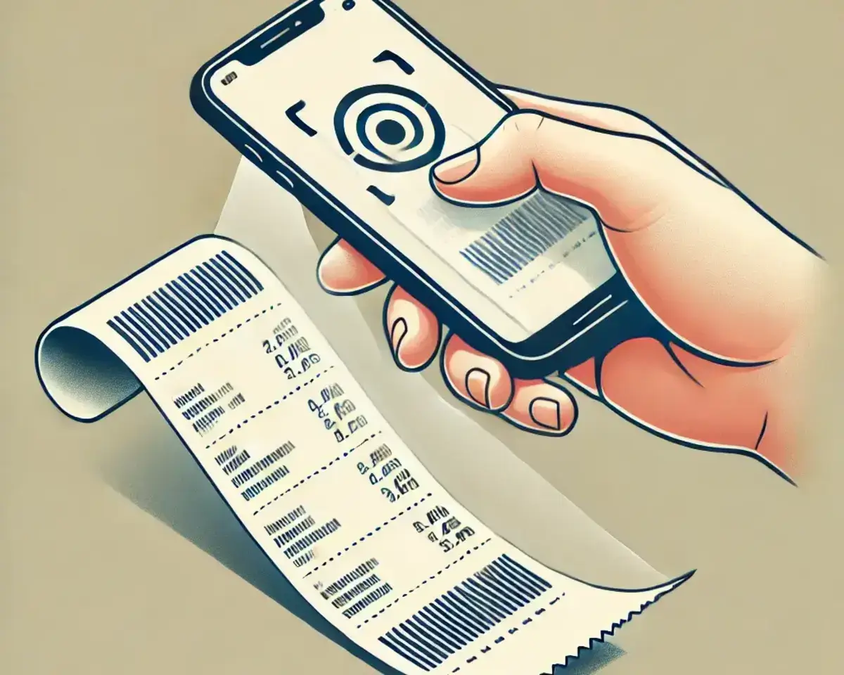 a clear and easy-to-understand image of a hand holding a smartphone, scanning a paper receipt. The phone screen displays a scanning animation or barcoode