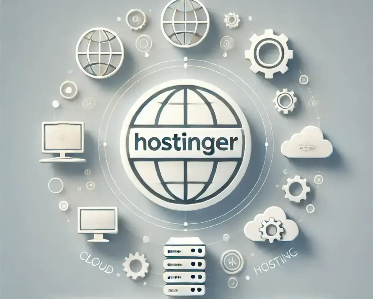 a clear and simple image representing the concept of 'Hostinger.' The Hostinger logo is at the center, surrounded by icons symbolizing web hosting services