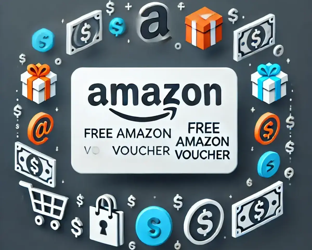 a clear and simple image showing a gift card with the Amazon logo, labeled 'Free Amazon Voucher,' surrounded by floating icons of gift boxes and dollar bills