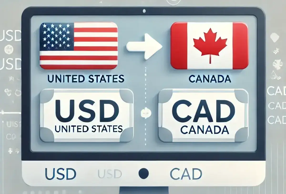 a clear and straightforward digital illustration of sending money from the USA to Canada. A computer screen displays a money transfer interface