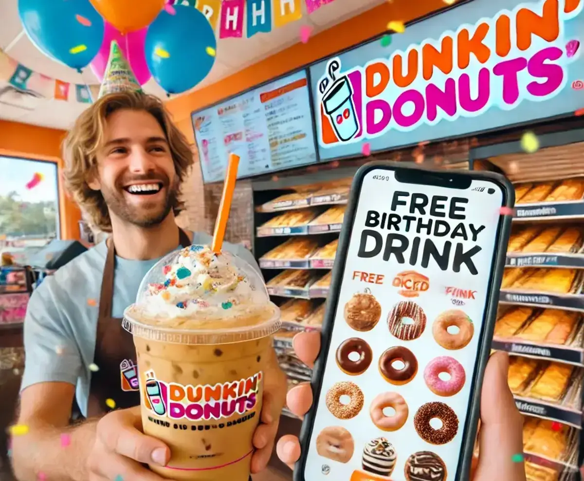 a clear, vibrant scene inside a Dunkin' Donuts store decorated for a birthday celebration. A cheerful customer is happily receiving a free medium iced