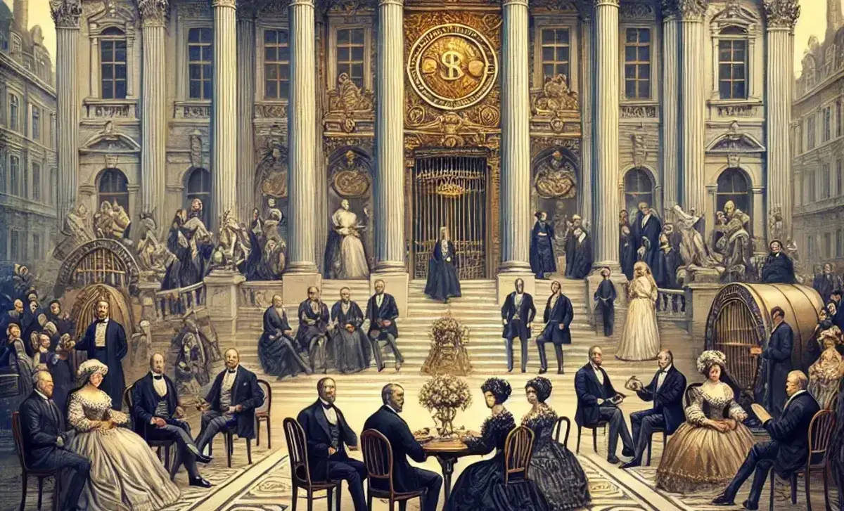 a detailed illustration representing the legacy and influence of the Rothschild family, symbolized through historical imagery