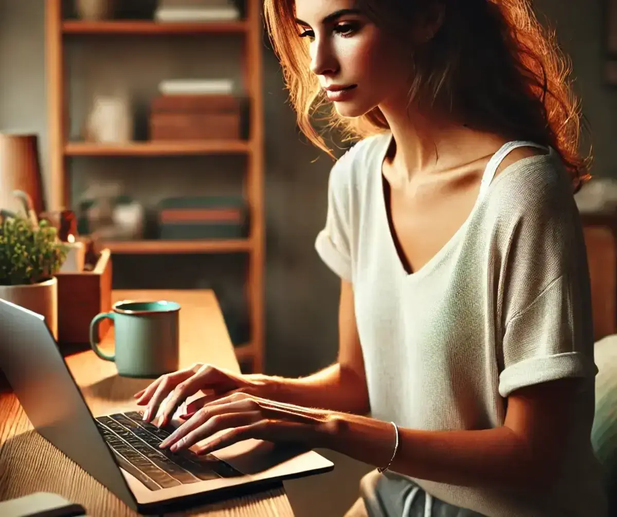 a detailed image of a woman typing on a laptop in a cozy indoor setting looking to apply for a grant. The woman is seated at a wooden desk with natural light from a nearby window