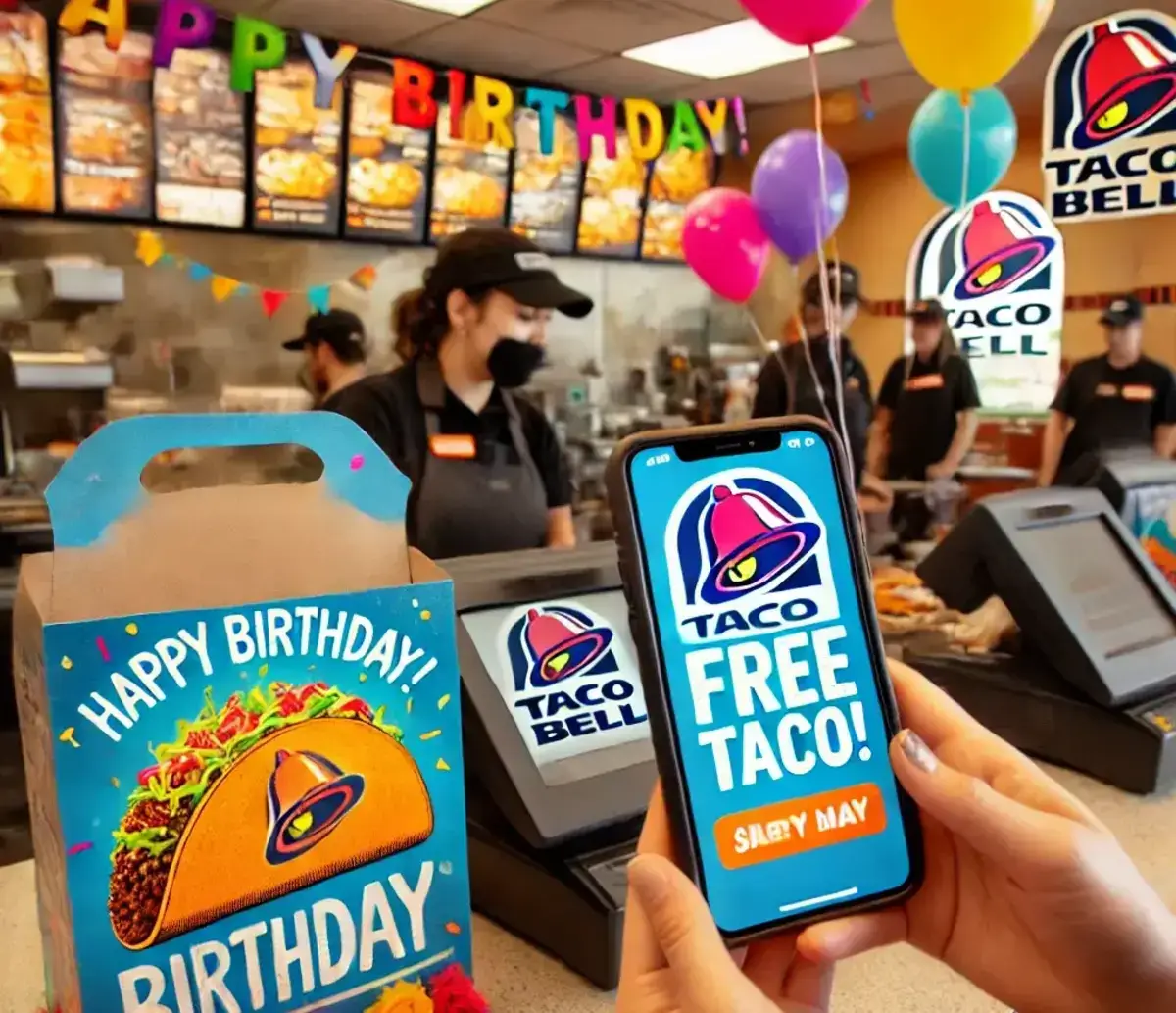 a festive birthday scene at a Taco Bell restaurant, featuring a person receiving a free taco from the cashier as part of their birthday reward