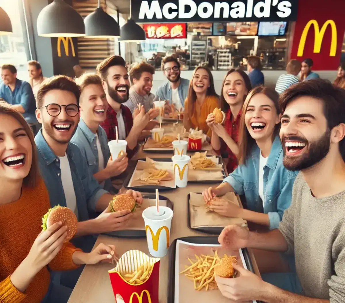 a lively group of people sitting together at a McDonald's restaurant, happily enjoying their meals