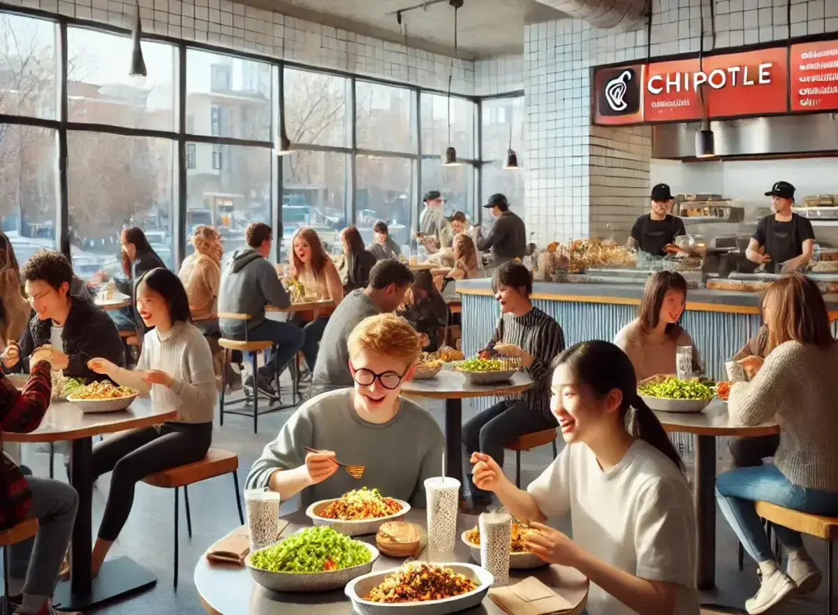 a lively scene of people eating at a Chipotle restaurant