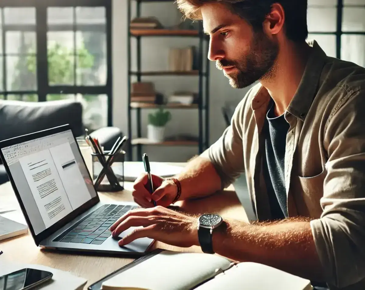 a man sitting at a desk, looking at a laptop with one hand typing on the keyboard while the other hand is writing on an open notebook beside the laptop