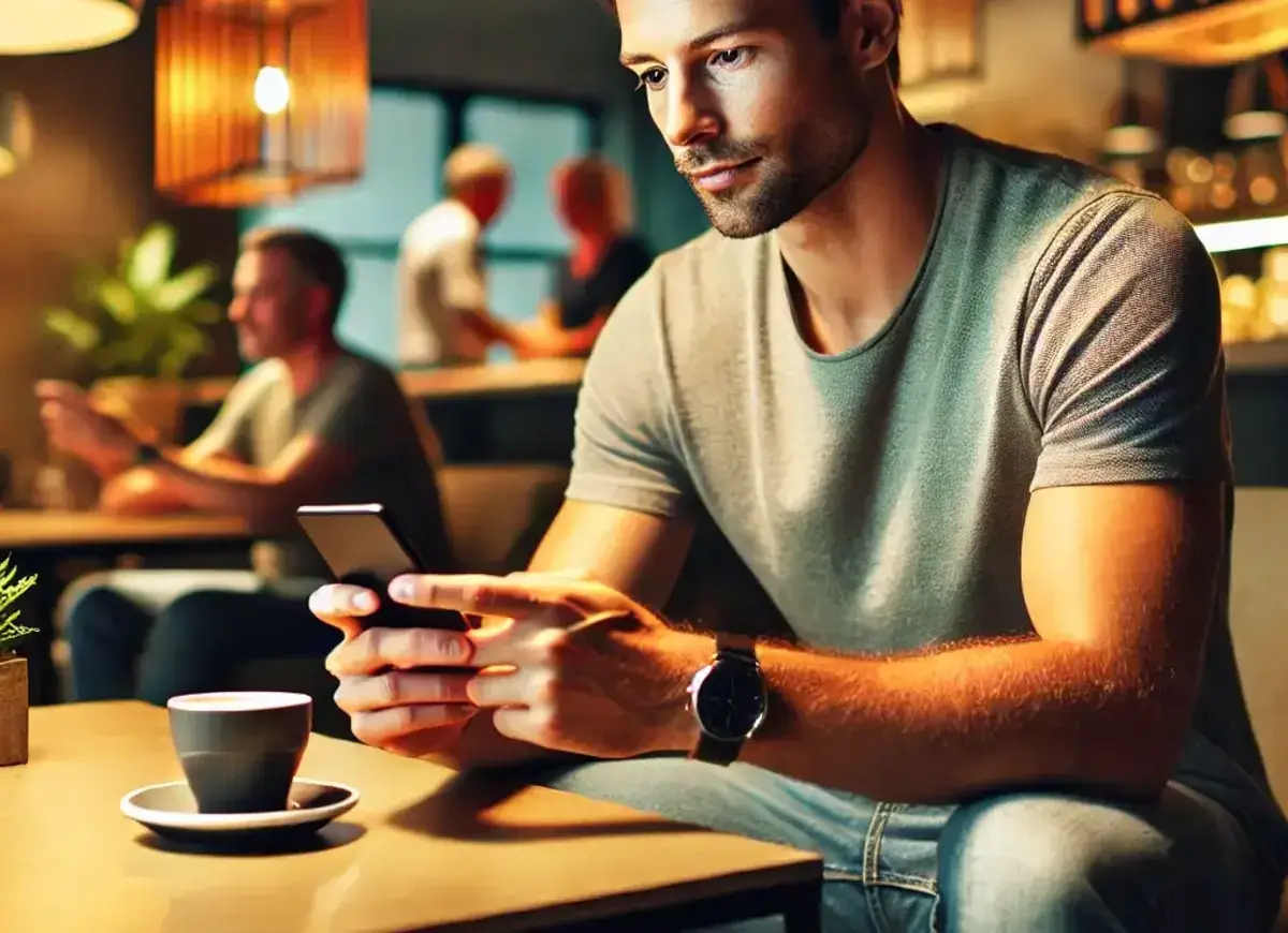 a man sitting casually in a modern cafe, typing on his smartphone with a focused expression. He's looking at his venmo account