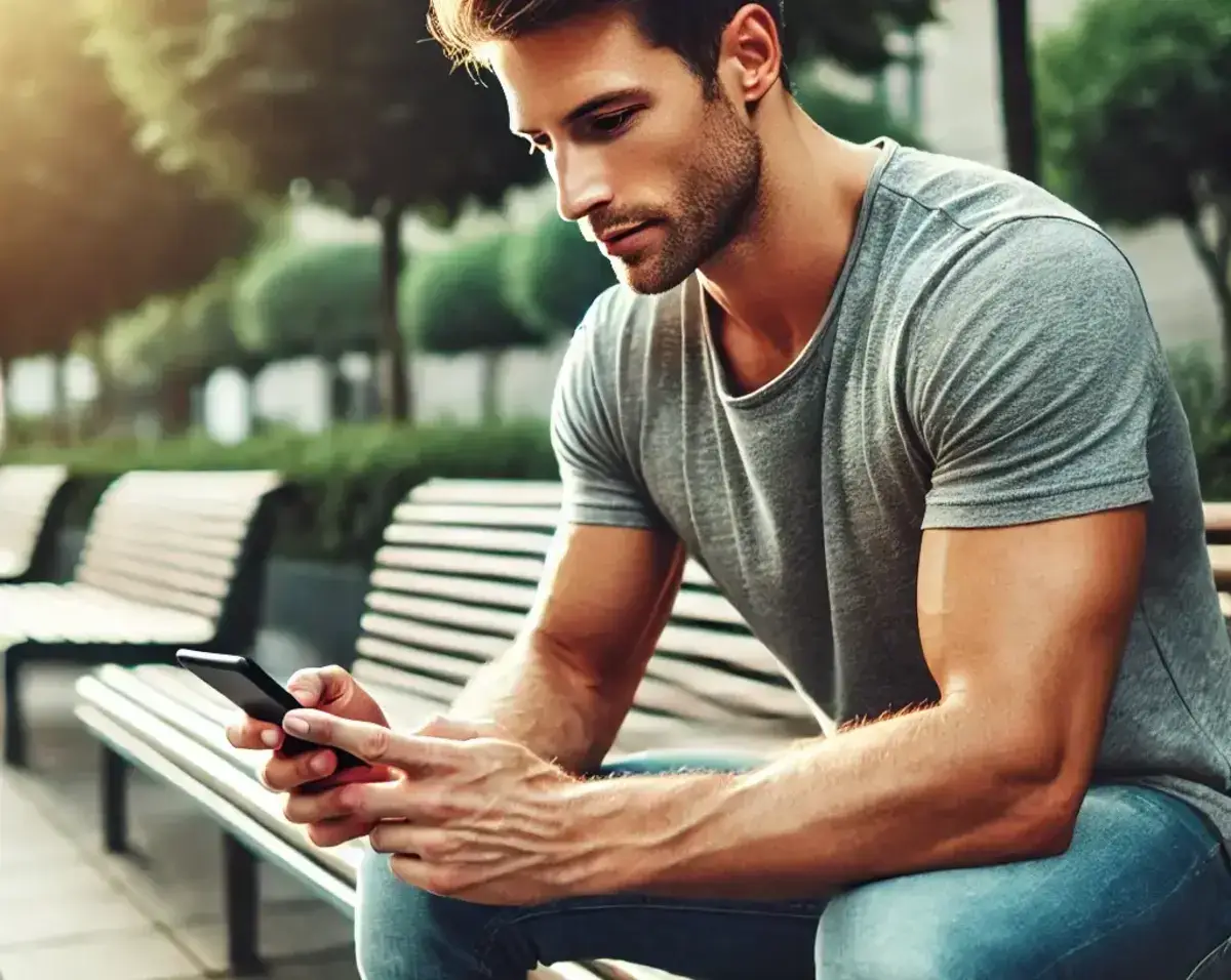 a man sitting down and typing on his smartphone. He is casually dressed in a t-shirt and jeans, sitting on a park bench with a relaxed expression