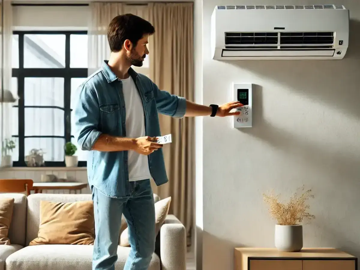 A man standing in a room turning off an air conditioner. The air conditioning unit is mounted on a wall, and the man is reaching for the control panel