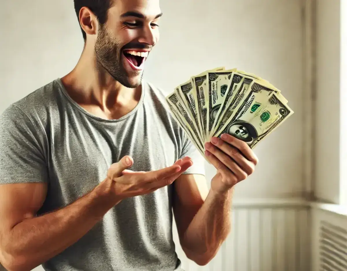 a man with a surprised and happy expression receives a handful of dollar bills of free money, standing in a casual indoor setting with a simple background