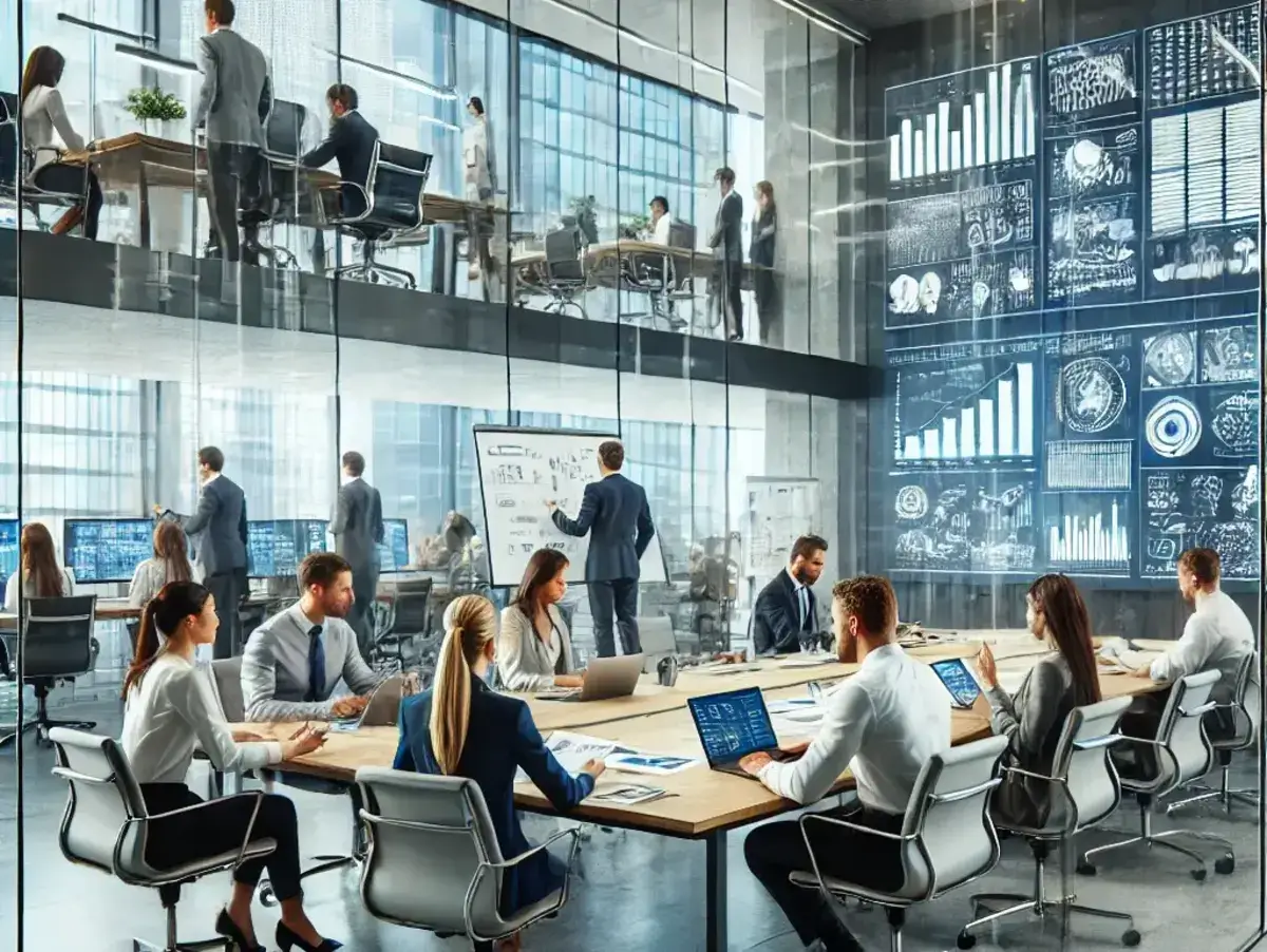 a modern consulting firm office with professionals working collaboratively. The image features a sleek, open-plan workspace with large glass windows