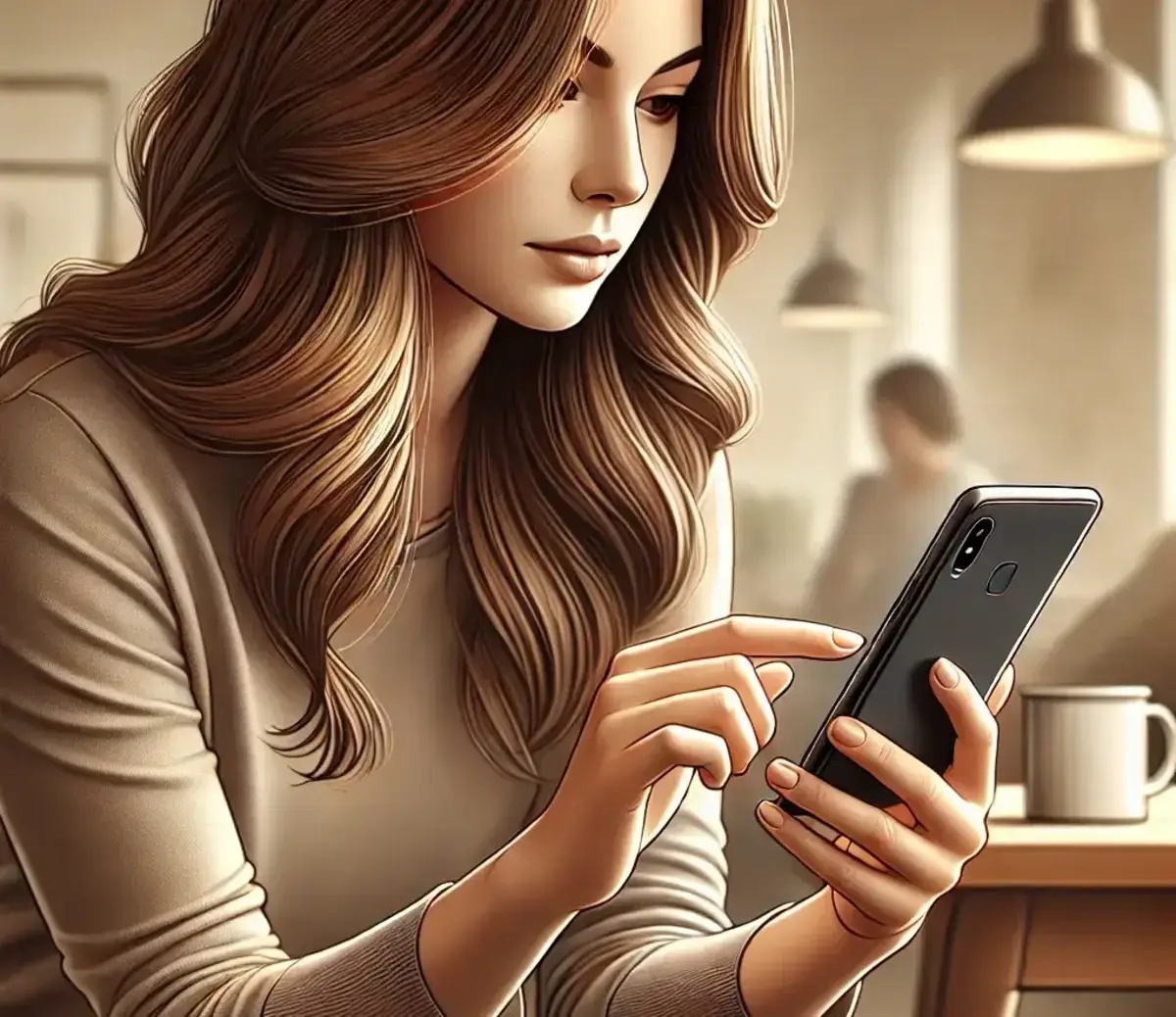 a realistic digital illustration of a woman typing on her smartphone. She is seated in a relaxed setting, wearing casual attire, with a focus on the rocket money app on her smartphone