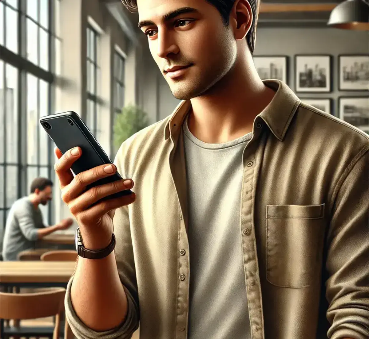 a realistic illustration of a man checking his smartphone. The man is casually dressed, standing in a relaxed setting looking for ways to make money on the temu ecommerce website