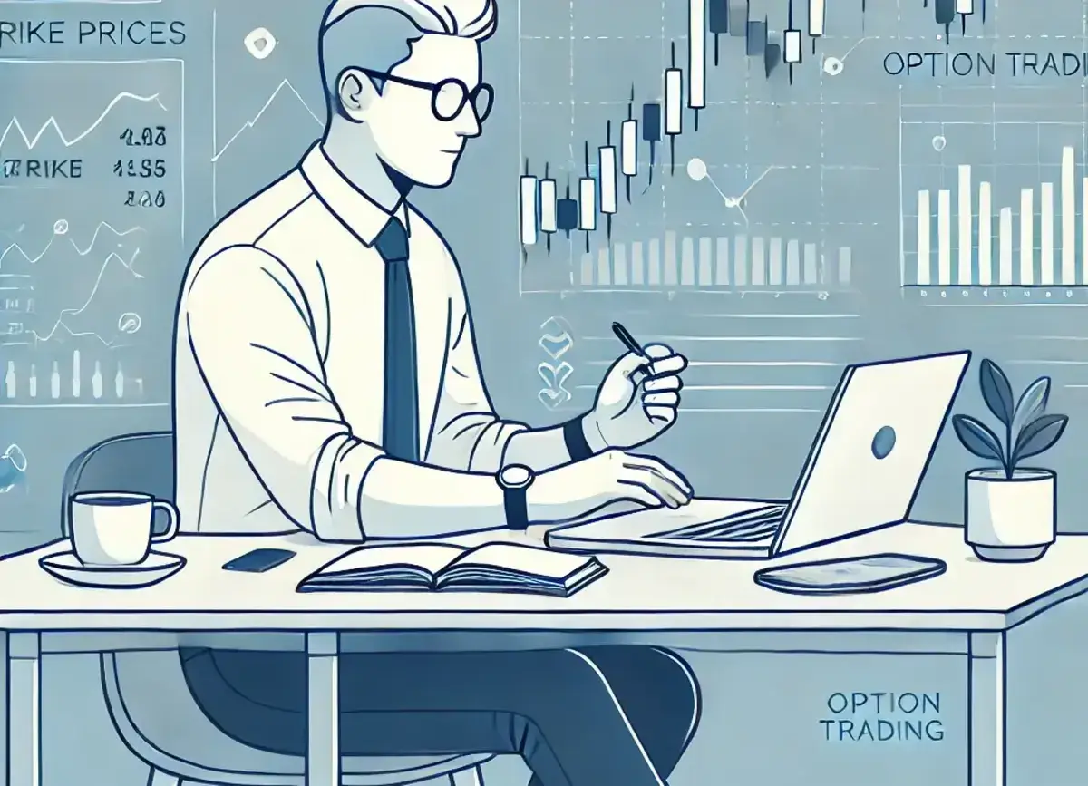 a simple and clear image of a man doing option trading. The man is sitting at a desk with a laptop open, showing option trading charts and graphs