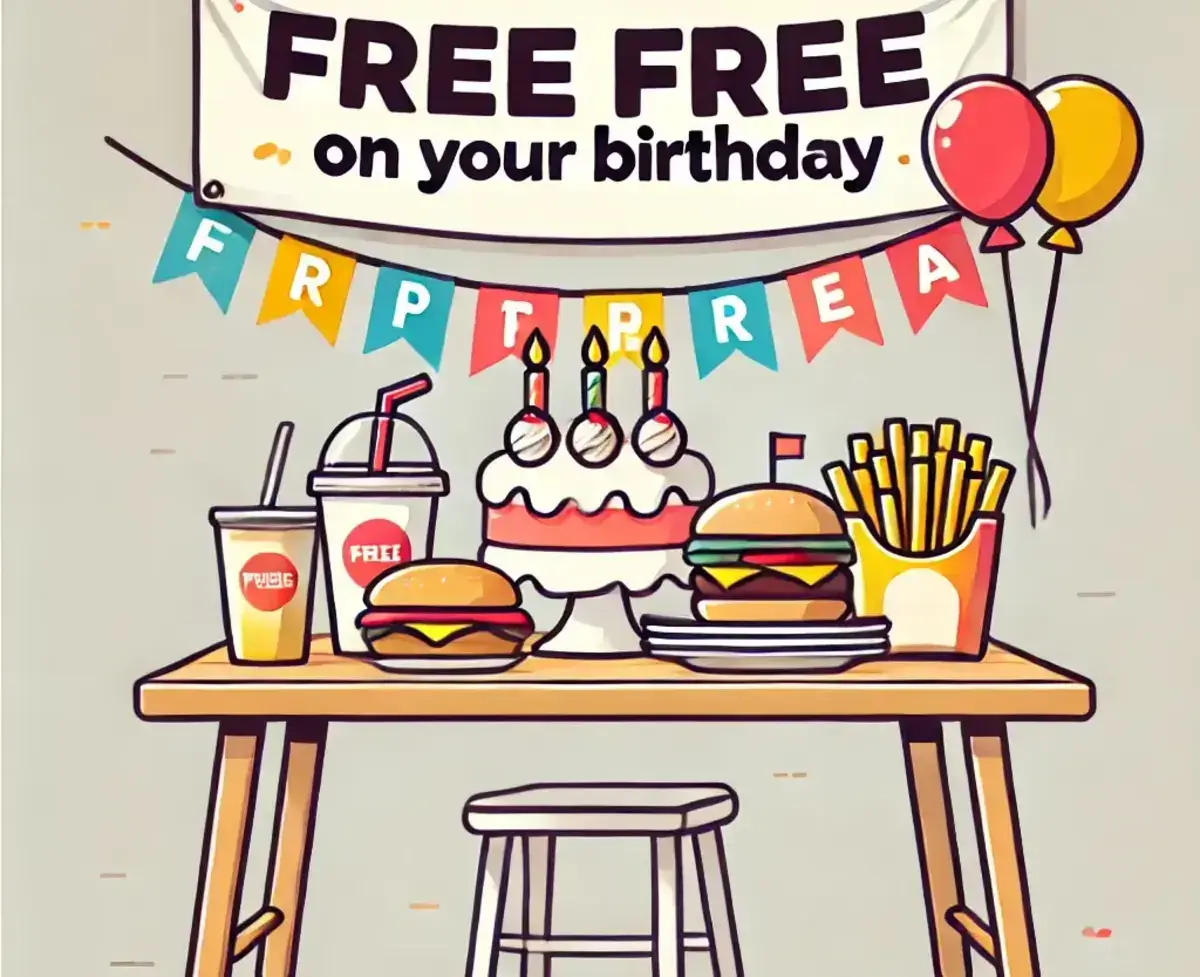 a simple, clear illustration of a restaurant table with a sign that says 'Eat Free on Your Birthday.' On the table, there is a birthday cake