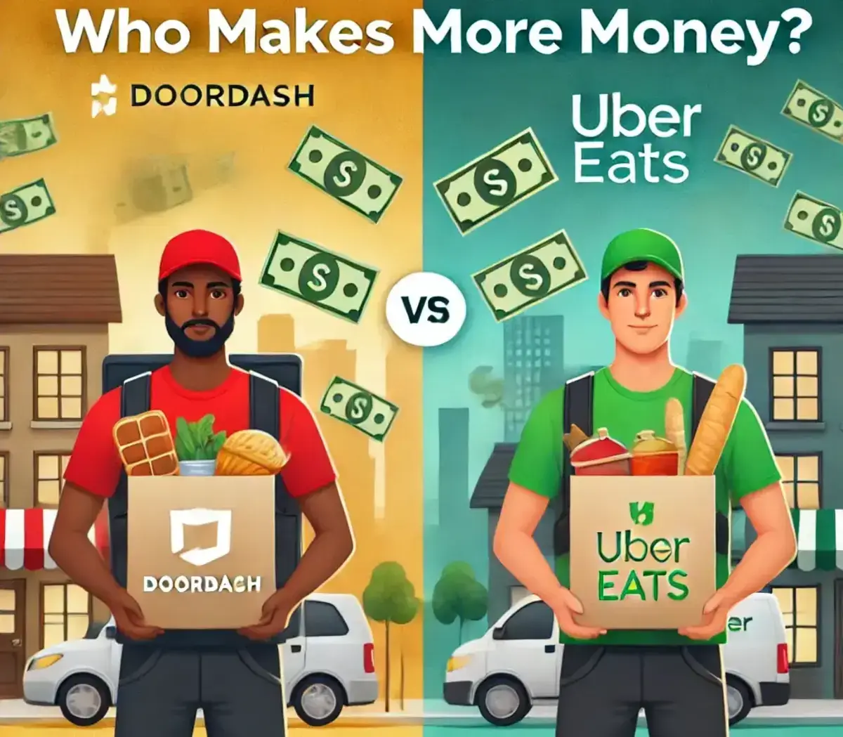 a split-screen image comparing two delivery drivers_ one for DoorDash on the left and one for Uber Eats on the right