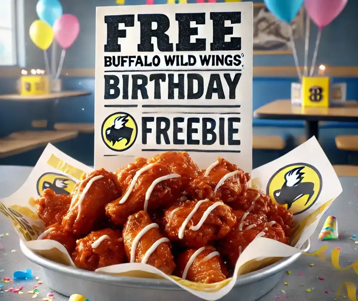 a very clear and simple image showing a large plate of free Buffalo Wild Wings chicken wings with a 'Happy Birthday' banner above