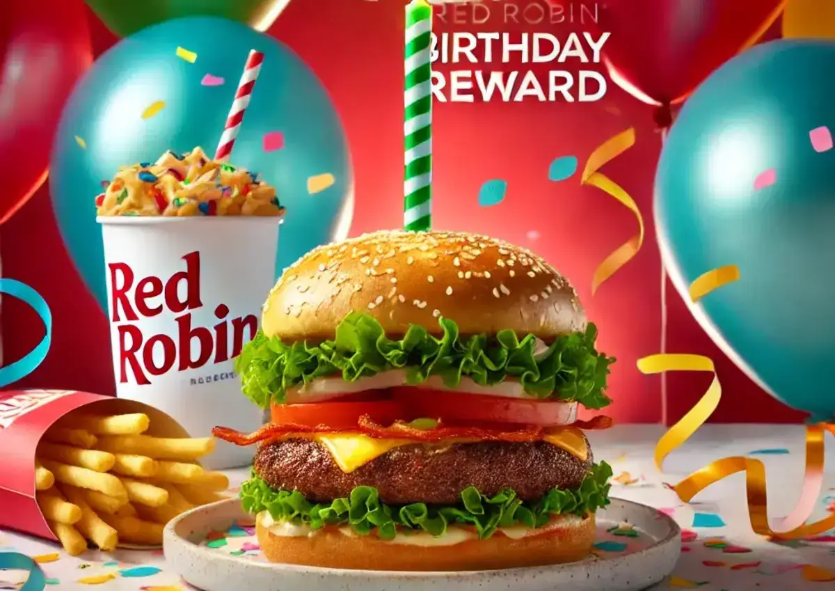 a vibrant and festive birthday scene featuring a gourmet burger from Red Robin with a birthday candle on top, symbolizing the Red Robin birthday reward