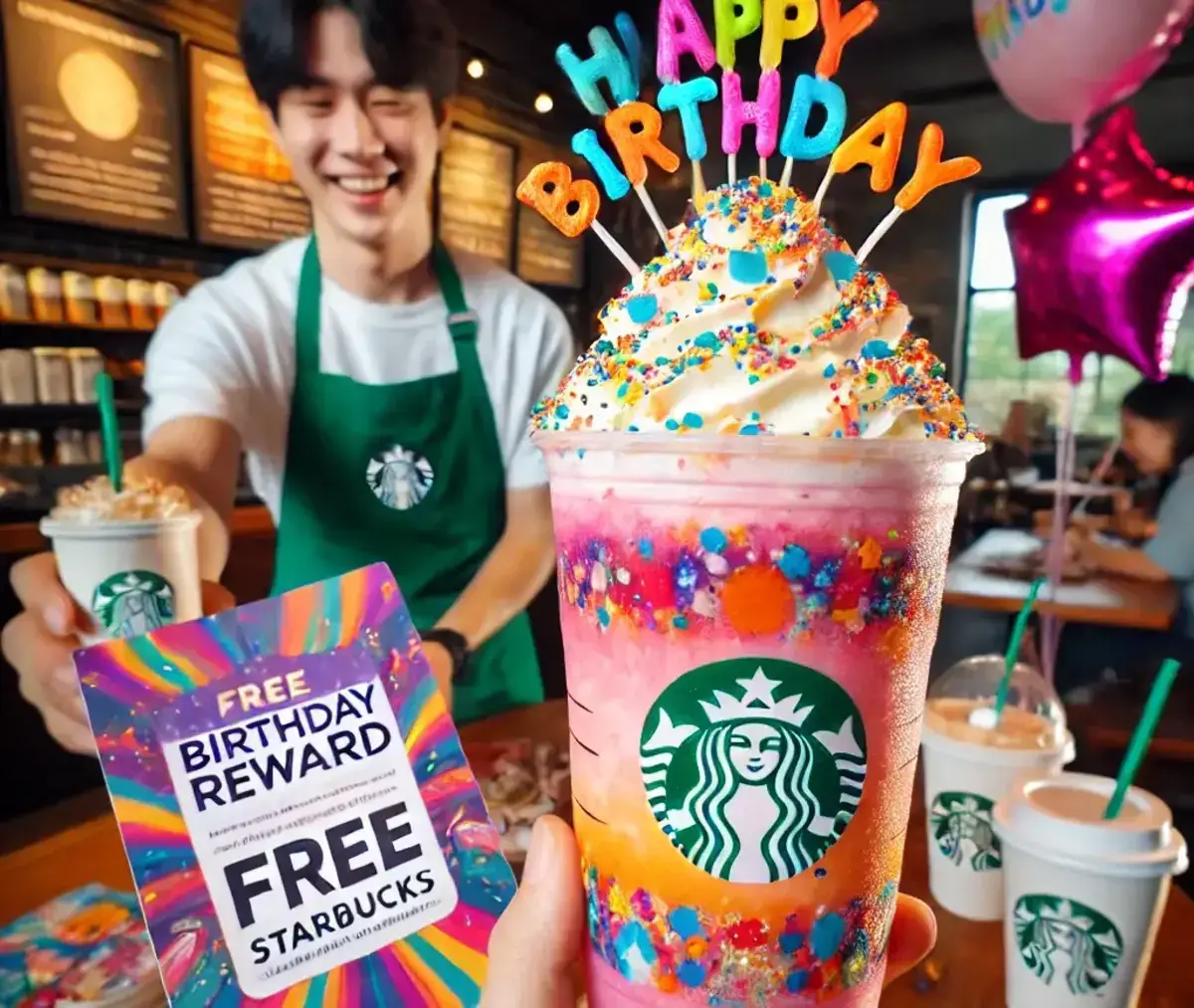 a vibrant scene in a Starbucks cafe showing a customer receiving a colorful birthday freebie. The large drink is topped with whipped cream, sprinkles