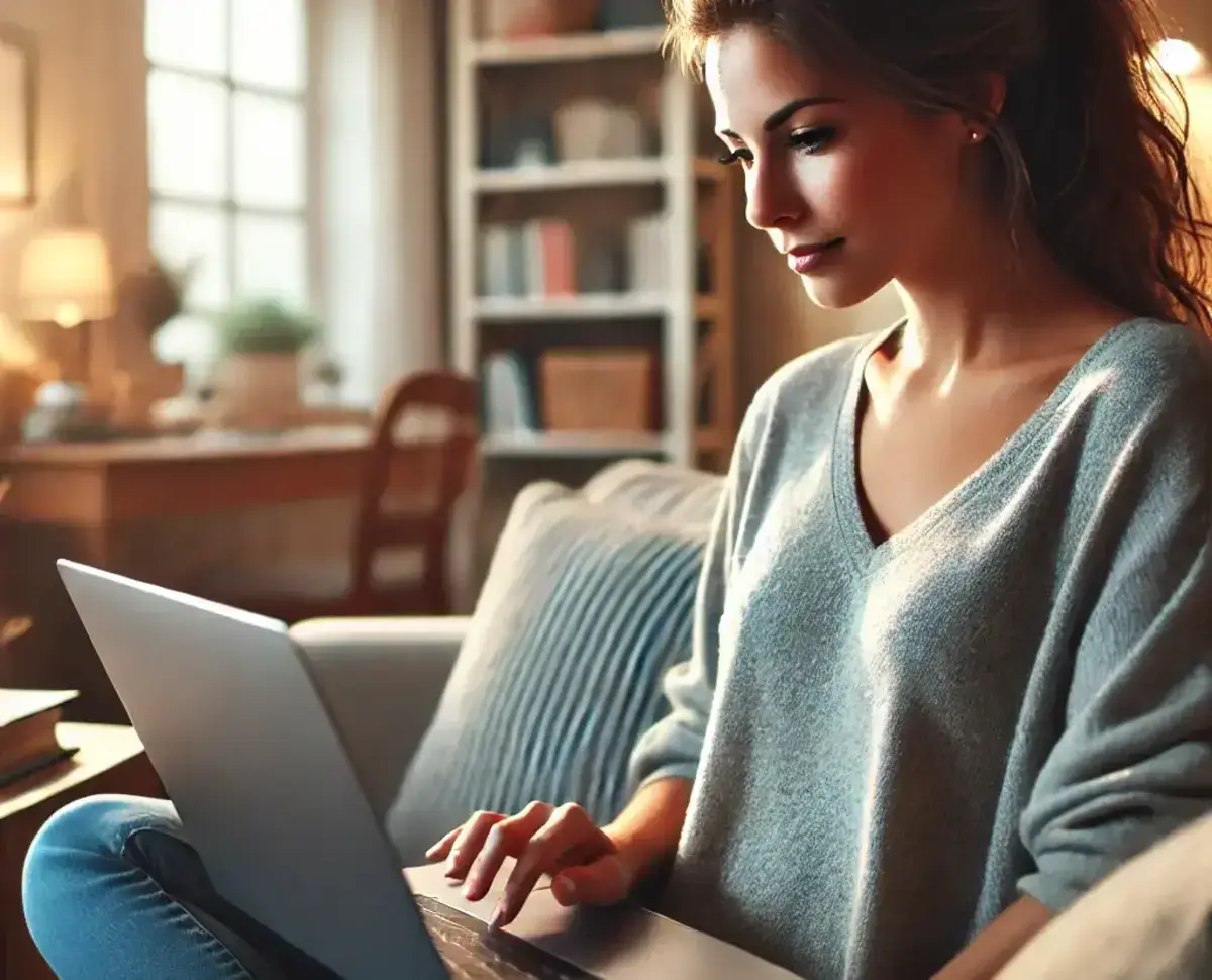 a woman sitting comfortably on a couch, reading on her laptop about jobs. She is focused on the screen, with a serene expression