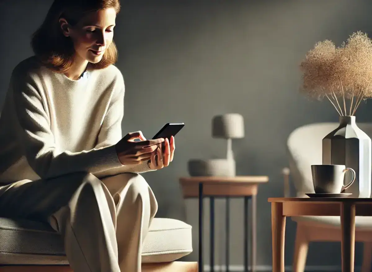 a woman sitting down, comfortably dressed, typing on her smartphone with a relaxed and focused expression