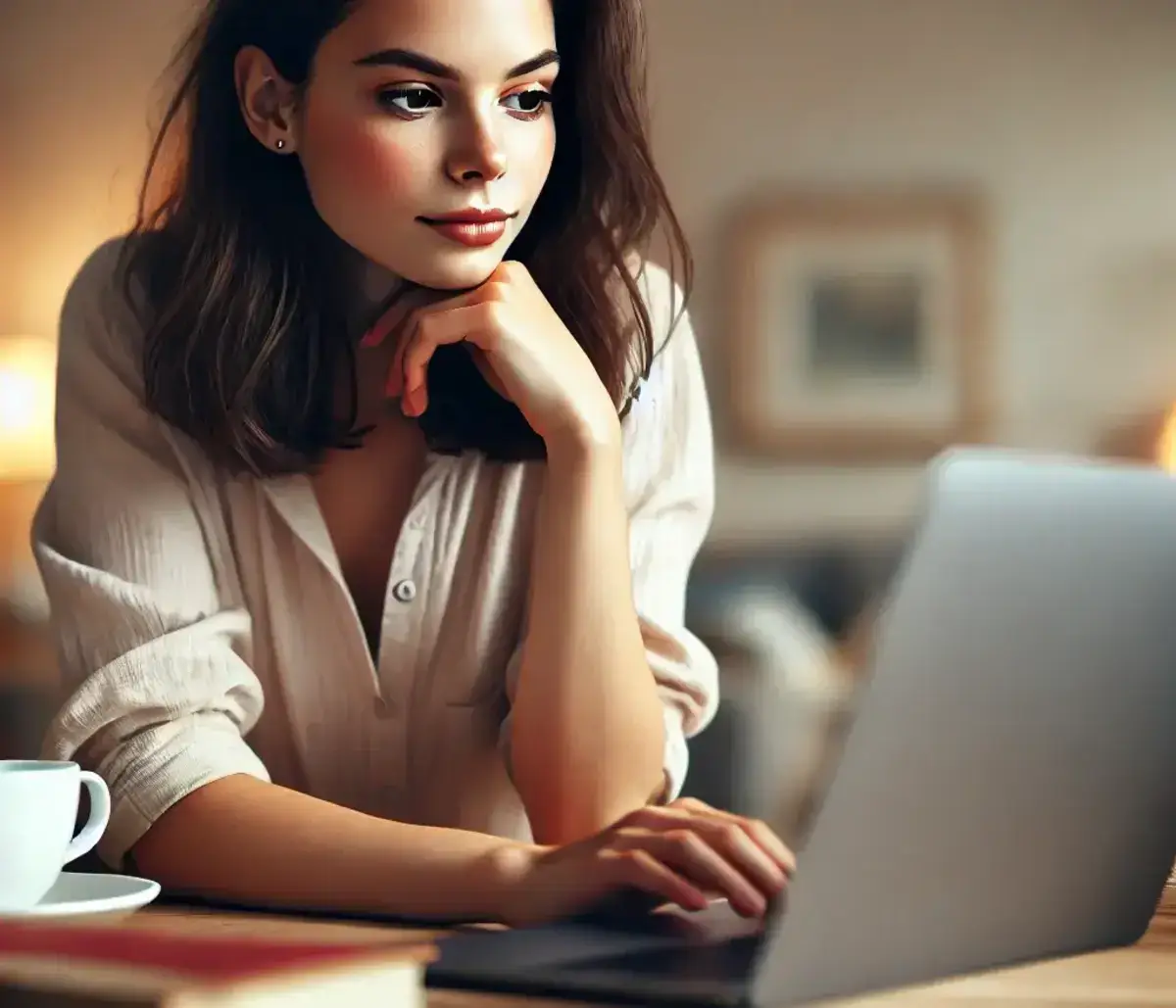 a young woman sitting at a table, looking thoughtfully at her laptop screen. She appears focused and is casually dressed, with a cup of coffee beside