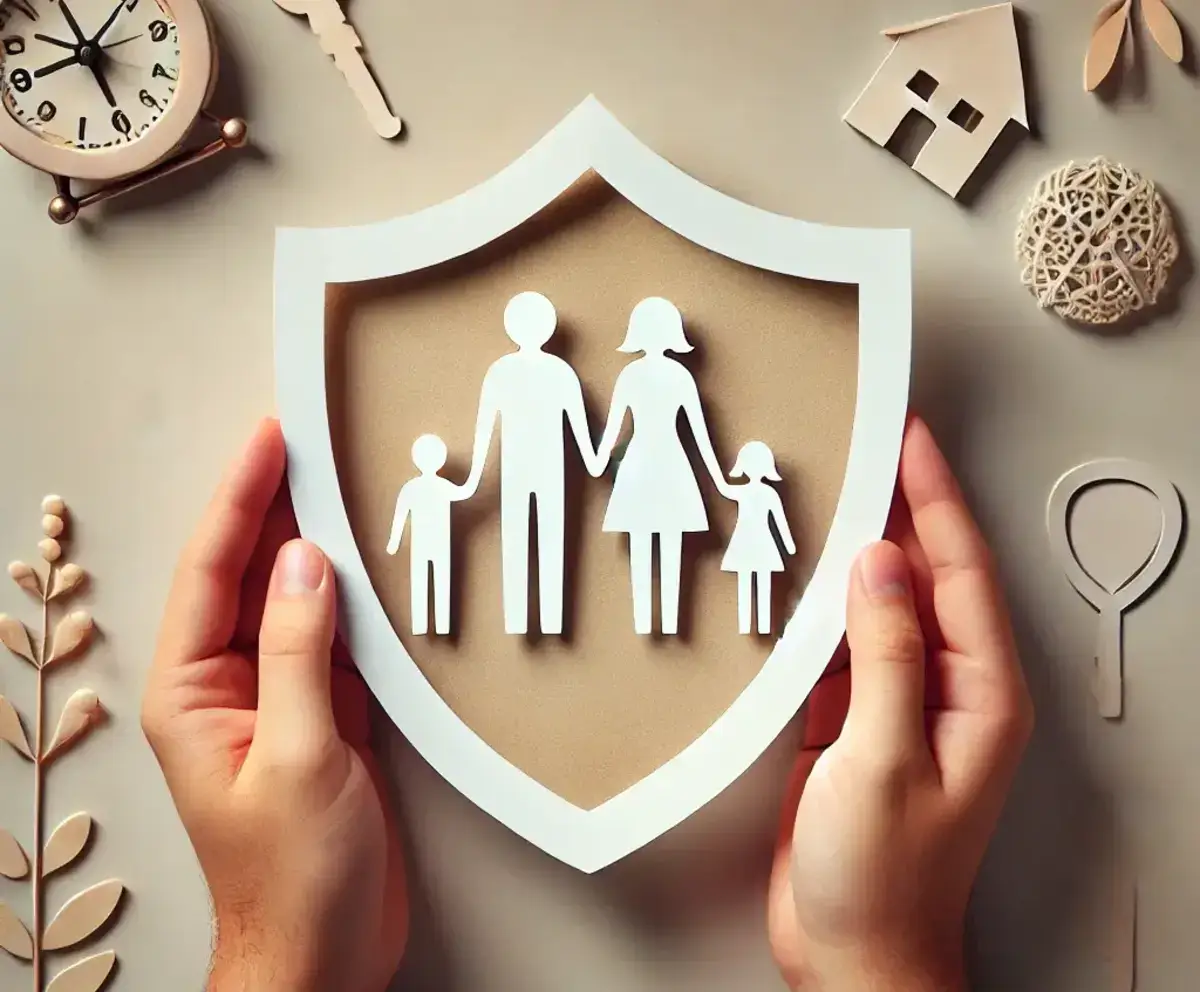 an image symbolizing life insurance, featuring a pair of hands holding a paper cutout of a family (two adults and a child) inside a shield shape