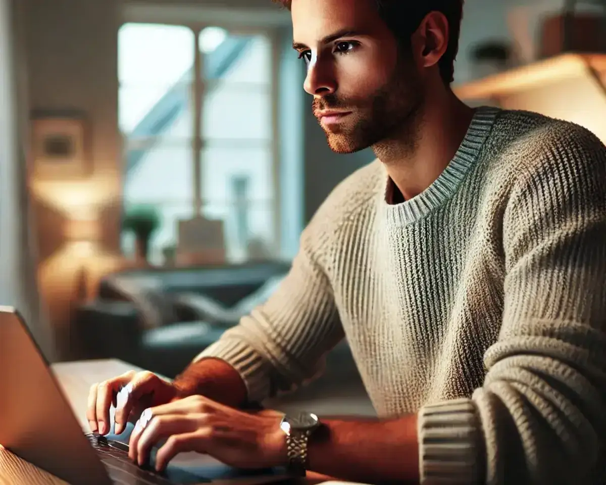 a man sitting at a desk looking intently at his laptop screen for details about unclaimed funds, with a focused expression on his face.