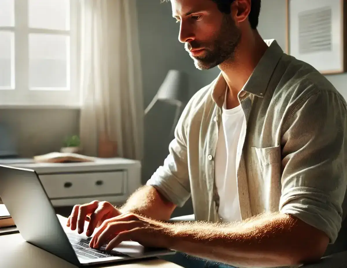 a man sitting at a desk, typing on a laptop, with a focused expression reading on his laptop the effect of taxes on his credit score