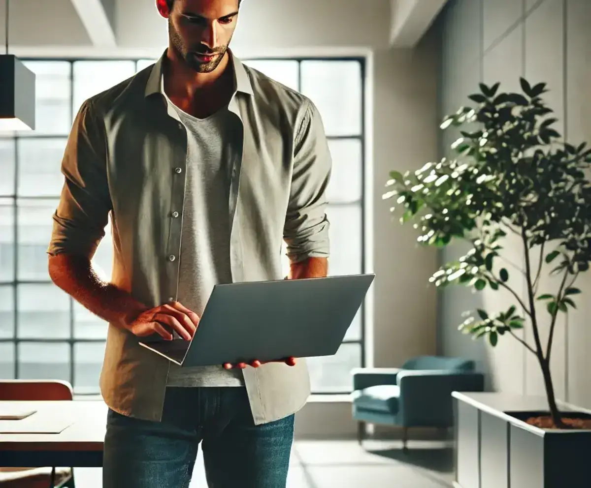 a man standing and typing on a laptop, looking for how to get the afterpay plus card