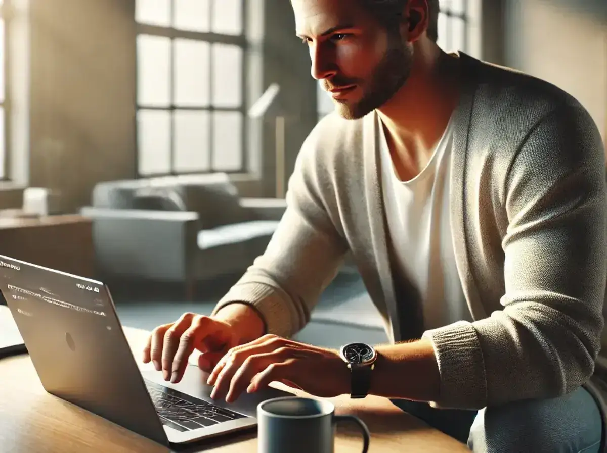 a man typing on a laptop in a modern indoor setting looking for why his afterpay limit went down