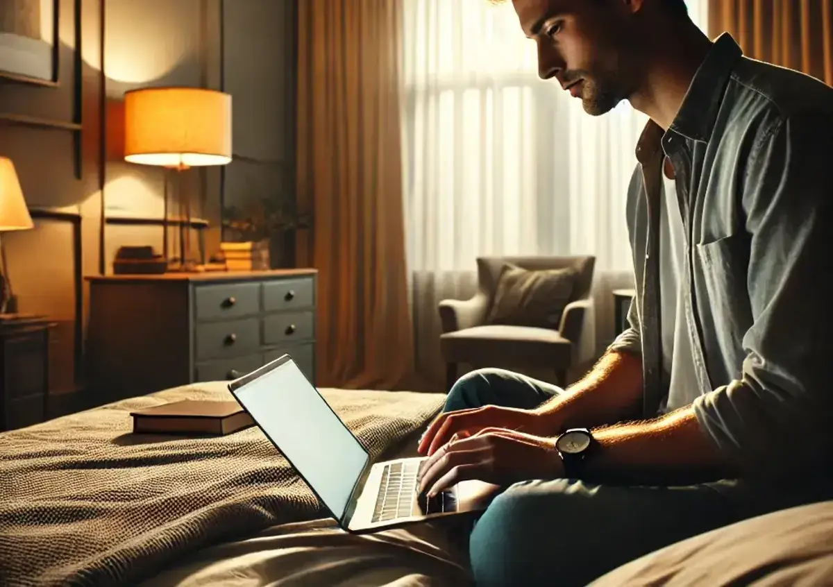 a man typing on his laptop in his bedroom looking to know if afterpay report to credit bureaus