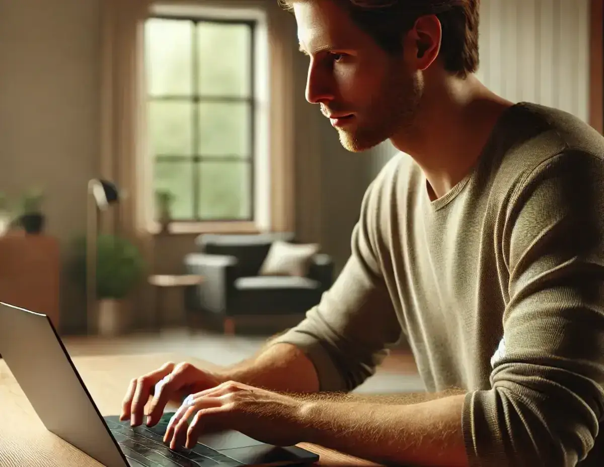 a realistic image of a man typing on his laptop. The man is seated at a desk in a well-lit room with a simple, minimalist background looking for what a1 credit score means