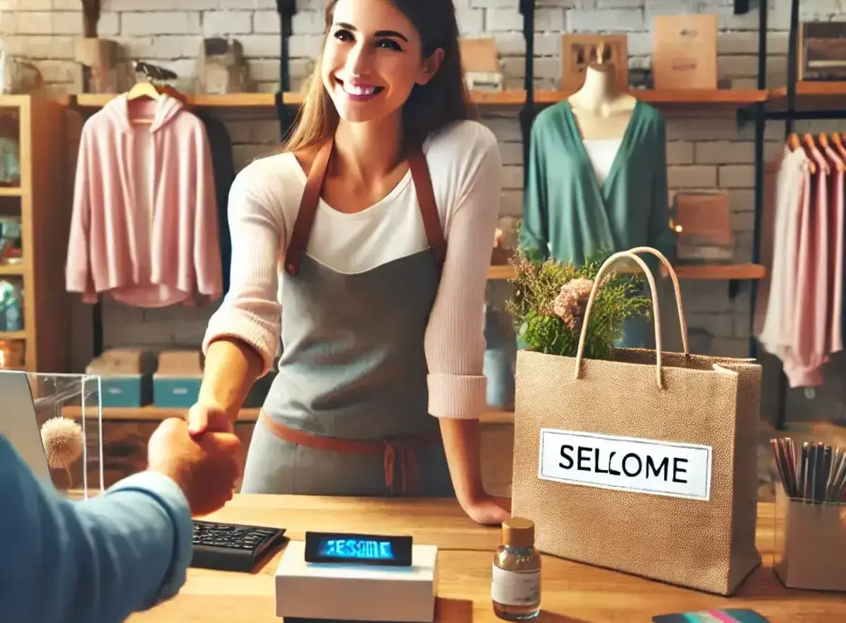 a vibrant image of a woman selling products at a small retail store. she does accept afterpay by setting it up on square