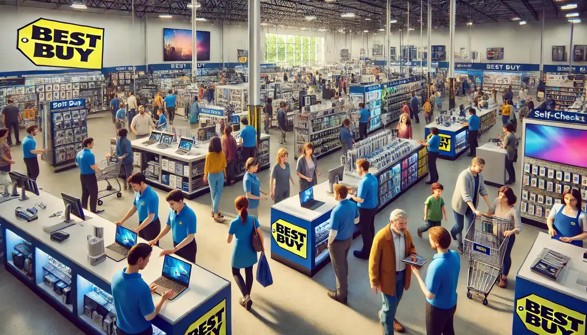 a vibrant scene inside a Best Buy store with people making purchases