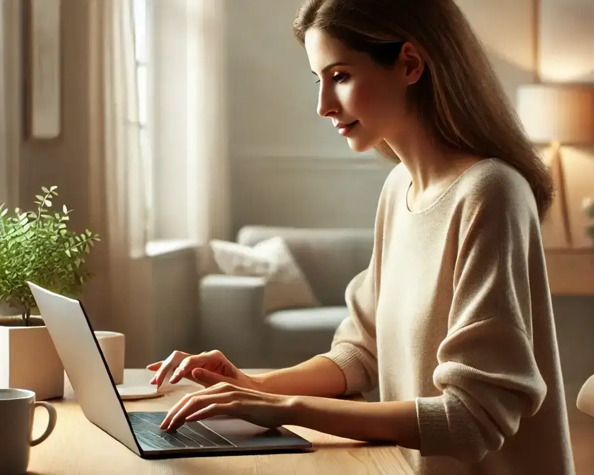 a woman sitting at a cozy desk in a well-lit room with a minimalistic setup. She appears focused looking at how she can make money without talking to anyone