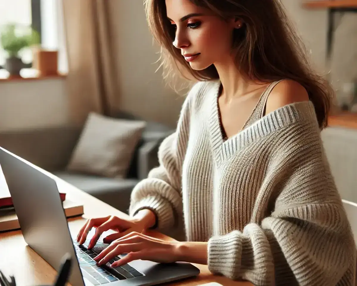 a woman typing on her laptop, seated at a modern desk in a well-lit room. The woman is focused looking at her laptop for info on weather venmo doea affect her credit score