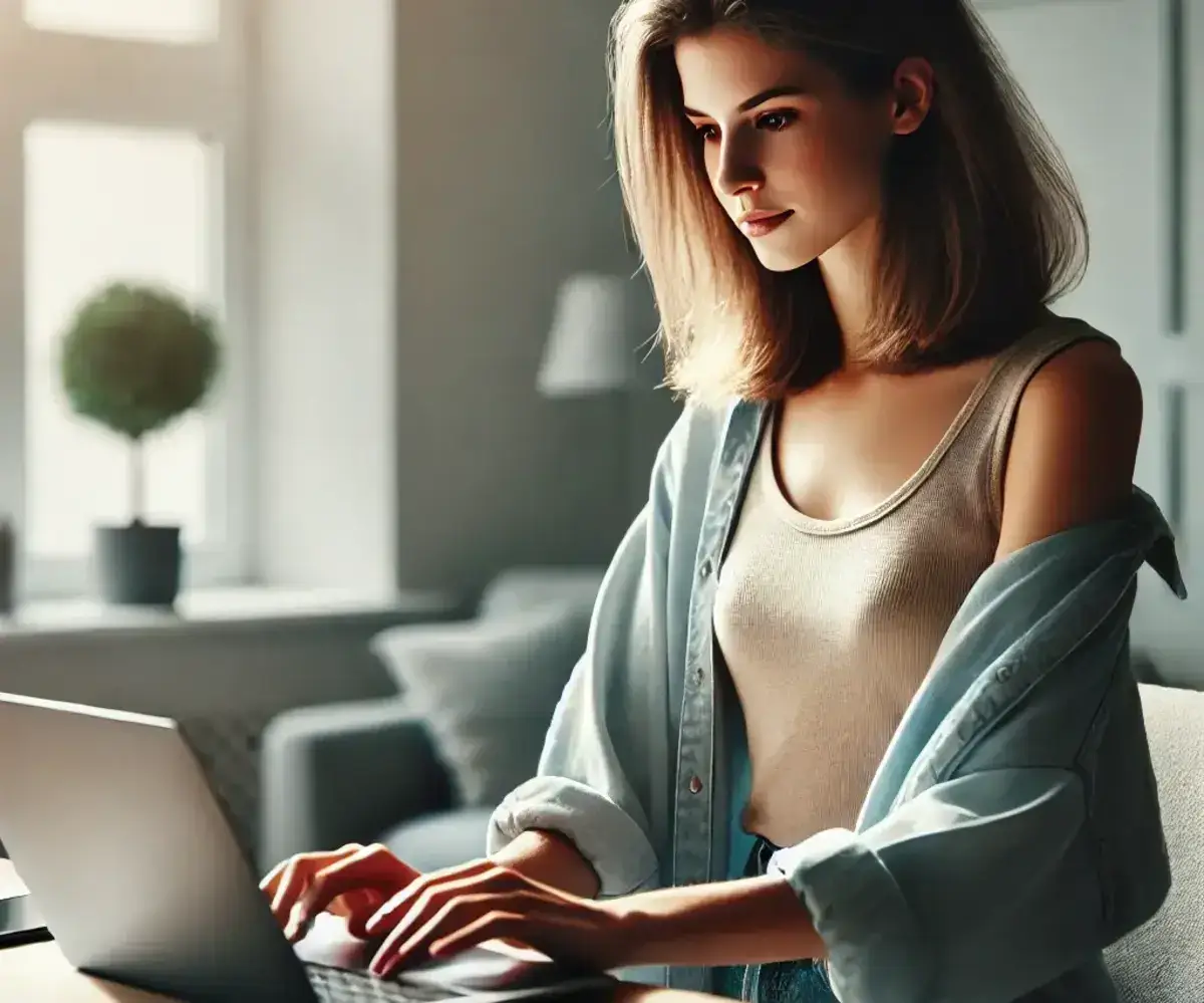 a young teen woman sitting comfortably at a desk, typing on her laptop looking at how she can make money from her step card