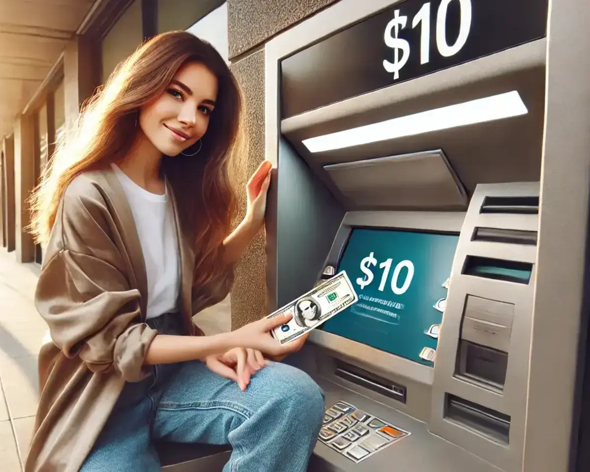 woman withdrawing $10 from an ATM in a modern city setting. The ATM is sleek and features a touchscreen interface, displaying the $10