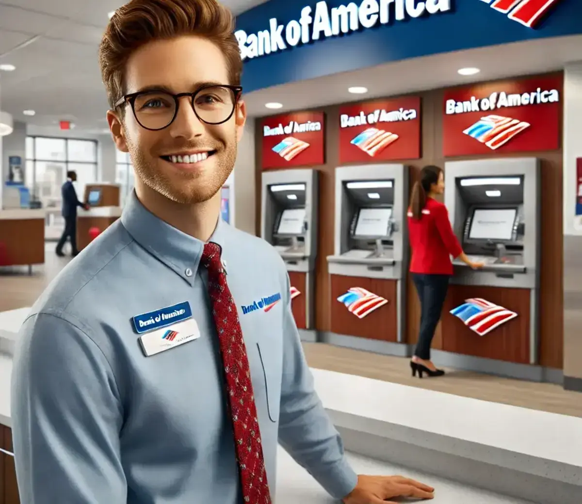 a Bank of America teller in a professional banking environment